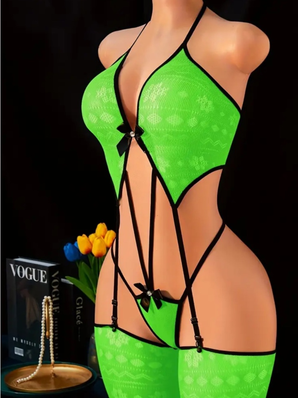 Neon Green Lace Cutout Teddy with Garter Straps